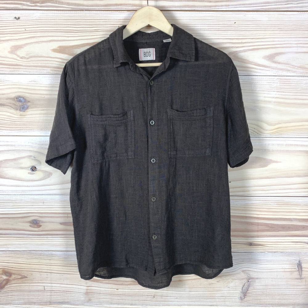 BDG Shirt Men Small Brown Short Sleeve Slub Cotton Viscose Camp Minimalist